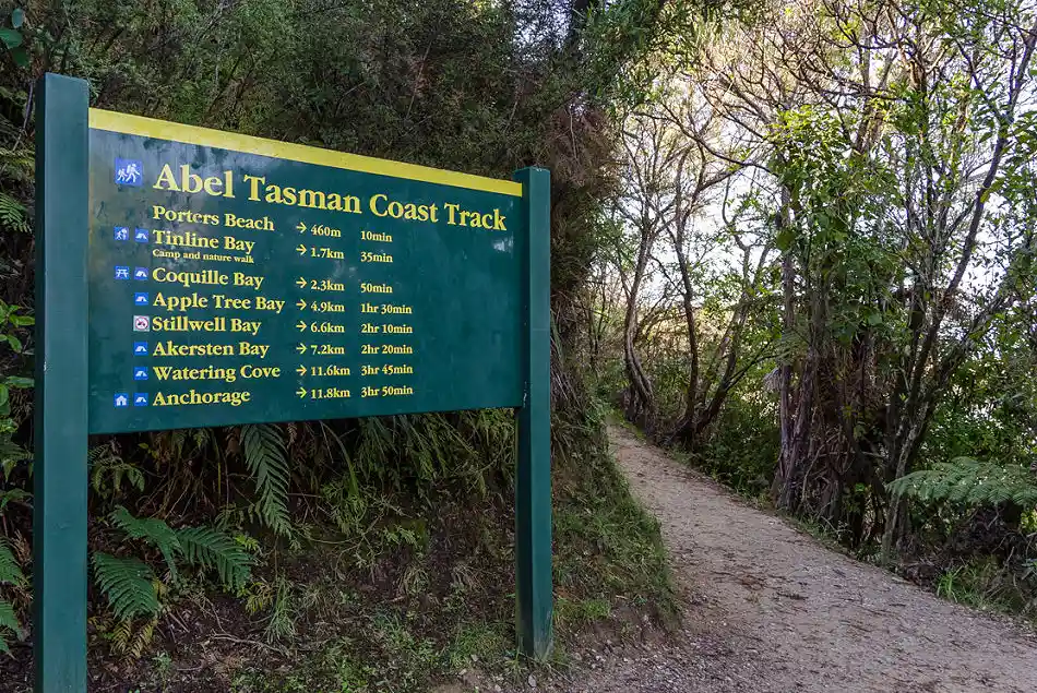 DOC walking times sign for Abel Tasman Coast Track near Marahau
