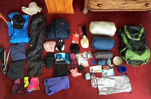 Gear laid out ready to pack for Heaphy Track walk