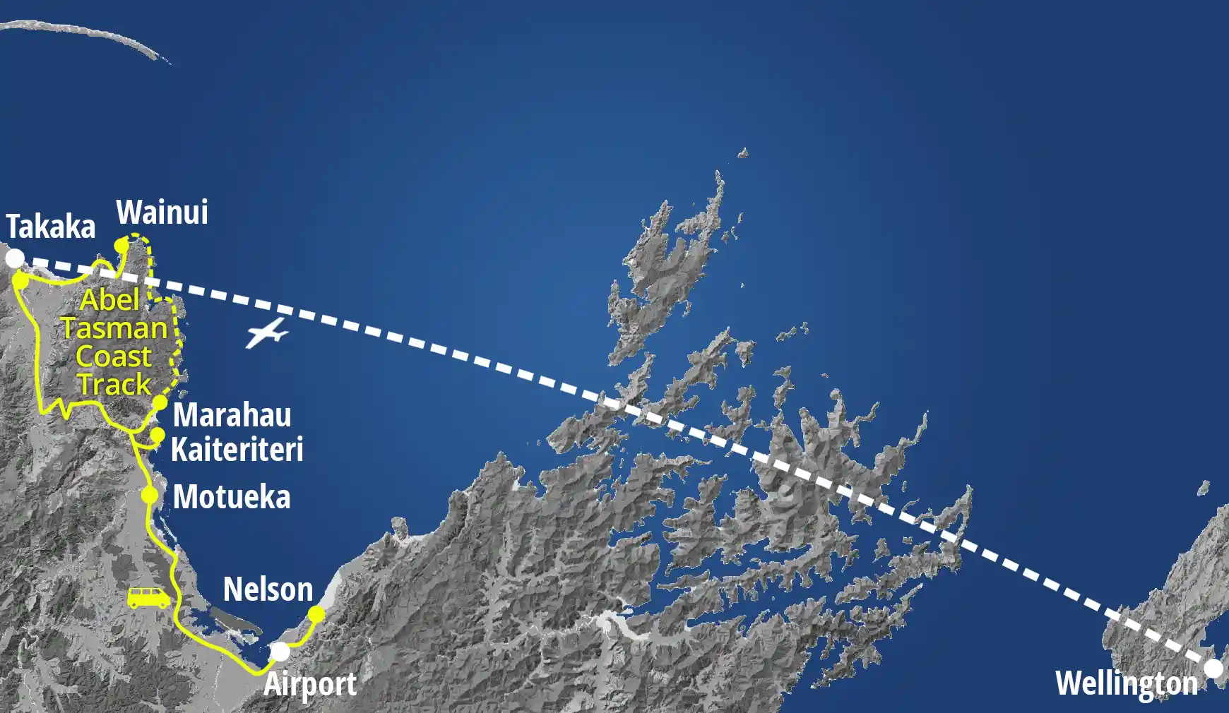 Map showing Golden Bay Air flight and shuttle routes between Wellington, Takaka, Wainui, Marahau, Kaiteriteri and Nelson