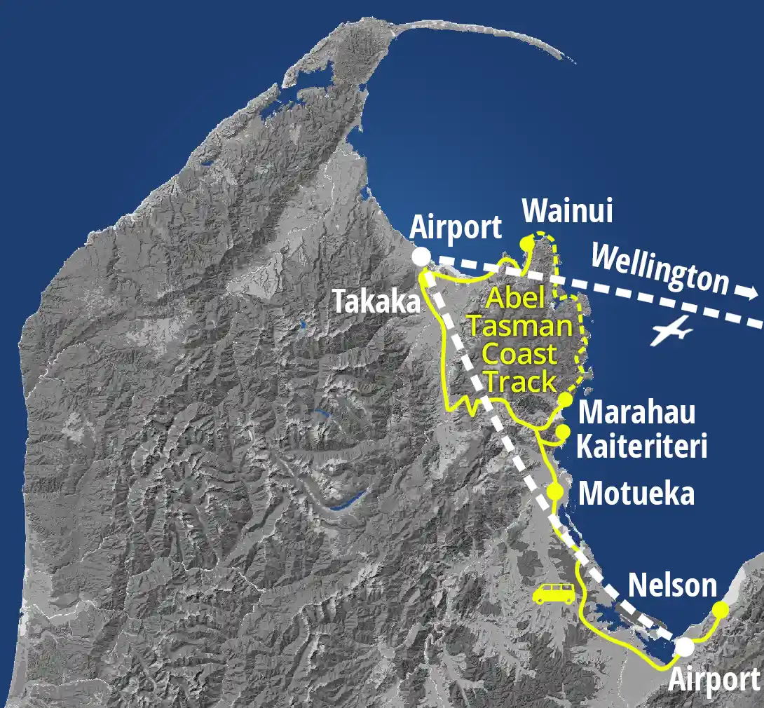 Map showing Golden Bay Air flight and shuttle routes between Nelson, Takaka, Wellington, Marahau, Kaiteriteri and Totaranui