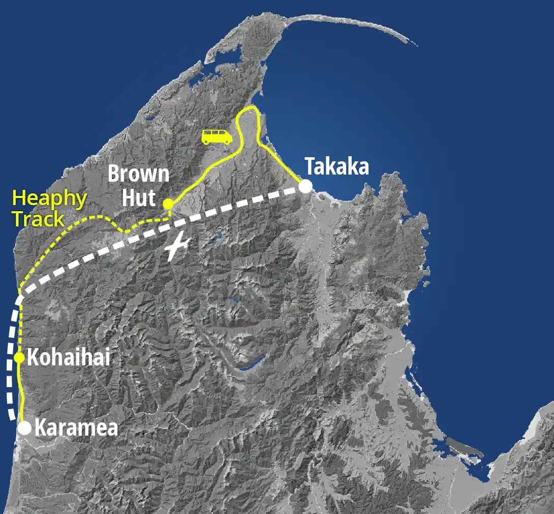 Map showing Golden Bay Air flight and shuttle routes between Karamea, Kohaihai, Takaka, and Brown Hut