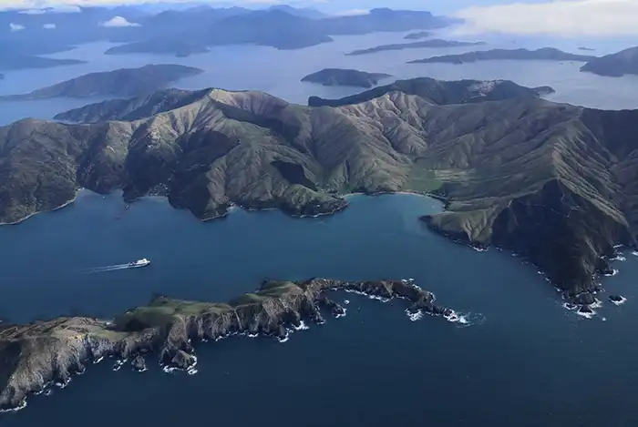 An aerial view of Tory Chanel in the Marlborough sounds, with the sounds and islands stretching into the distance