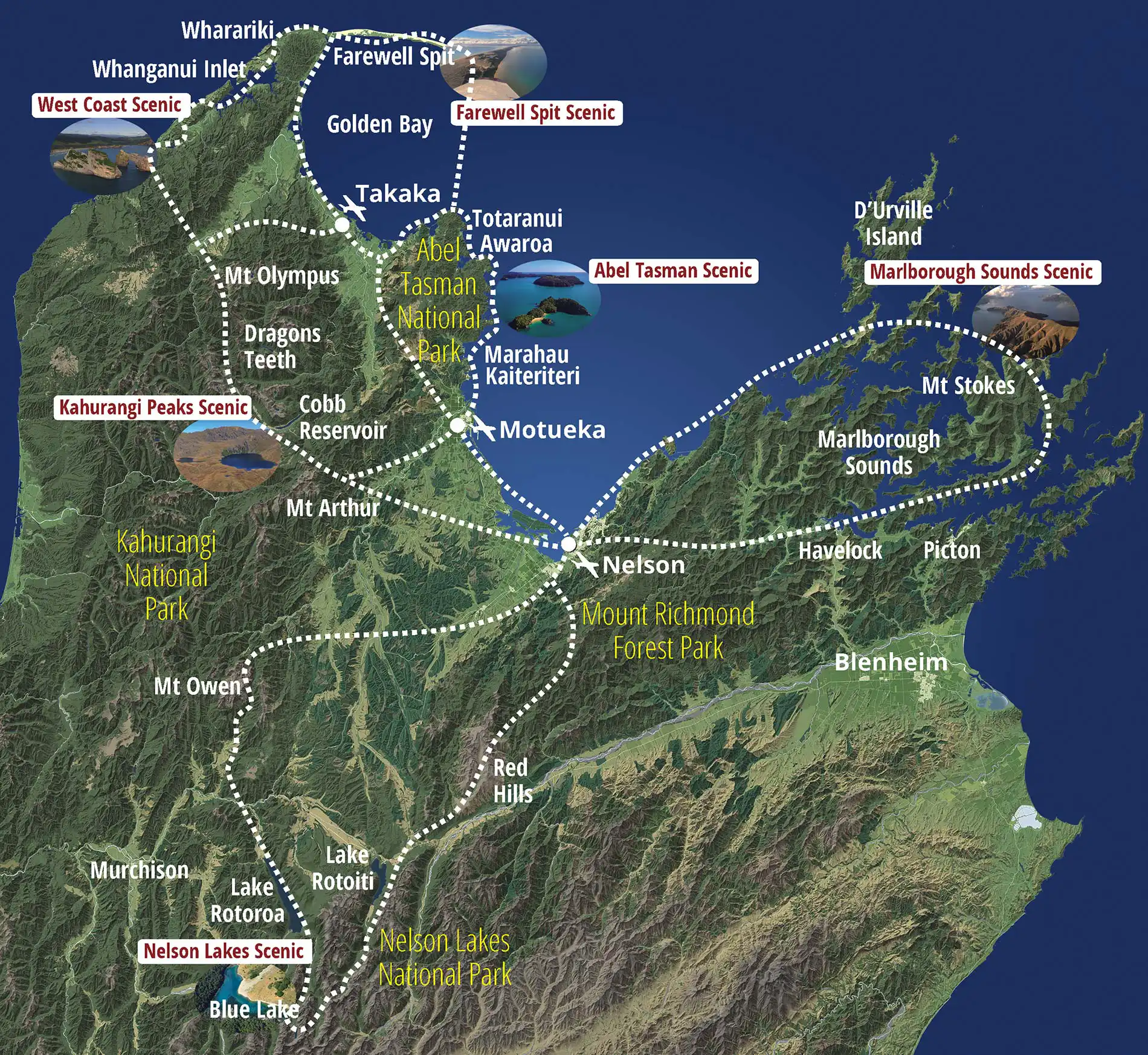 Golden Bay Air scenic flight route map showing top of the South Island with scenic routes including West Coast, Farewell Spit, Kahurangi Peaks, Nelson Lakes and Marlborough Sounds