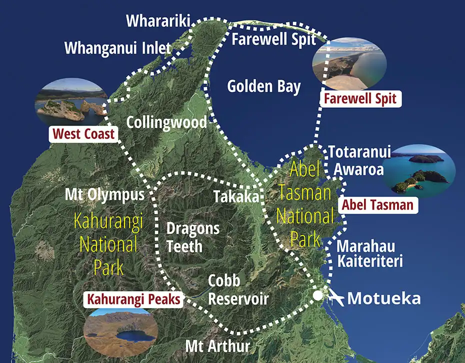 Map showing Golden Bay Air scenic flight routes from Motueka: Abel Tasman, Kahurangi Peaks, Farewell Spit and West Coast