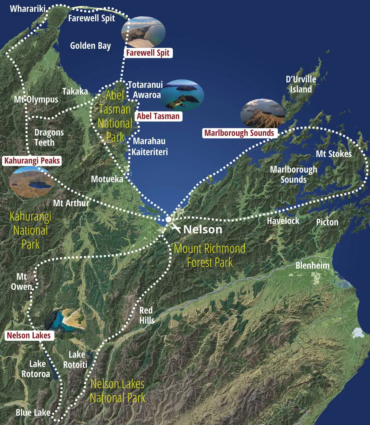 Map showing Golden Bay Air scenic flight routes from Nelson: Abel Tasman, Kahurangi Peaks, Farewell Spit and West Coast, Marlborough Sounds and Nelson Lakes