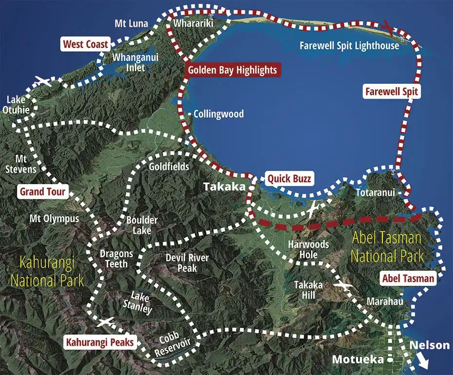 Map showing Golden Bay Air’s popular scenic flight routes: Abel Tasman, Kahurangi Peaks, West Coast, Farewell Spit, Golden Bay Highlights and Grand Tour