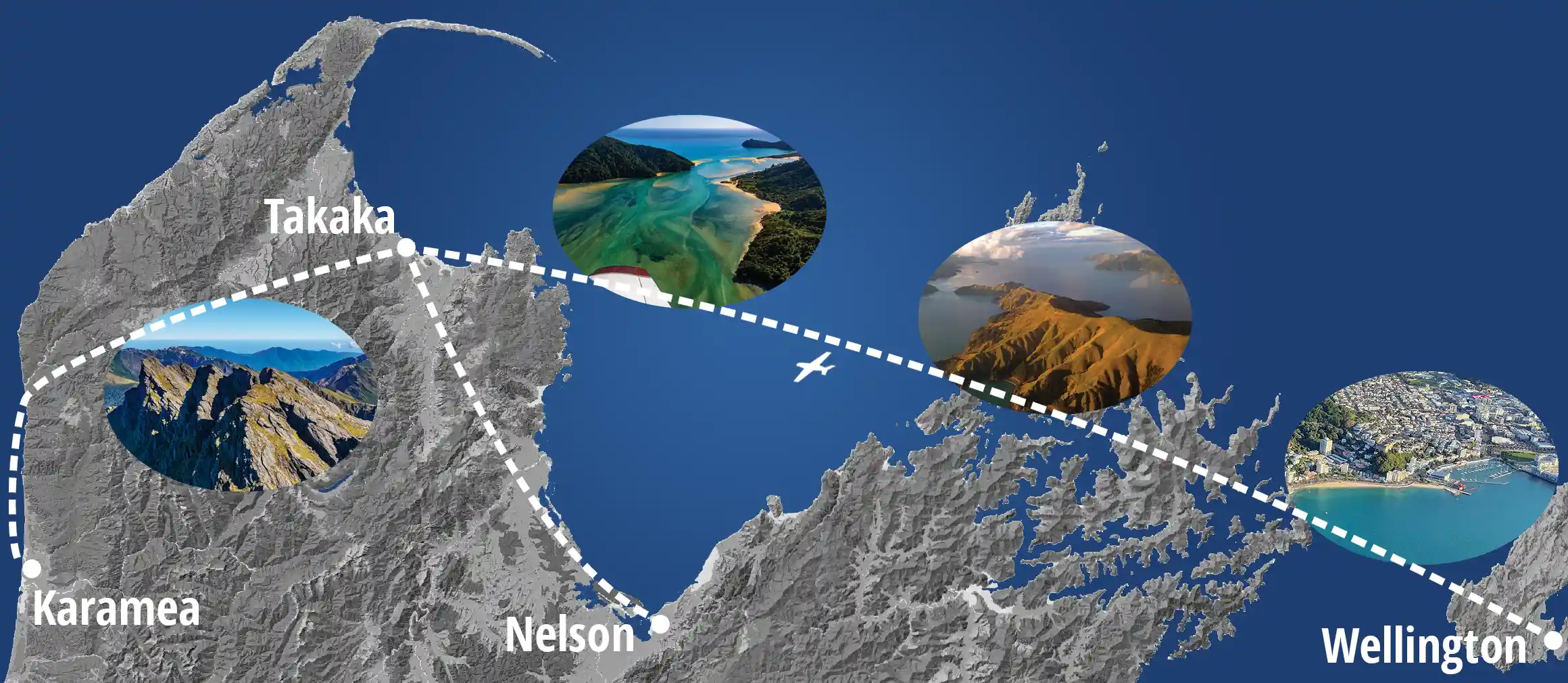 Golden Bay Air scheduled flights route map between Wellington and Takaka, Nelson and Takaka, Karamea and Takaka and Karamea and Nelson